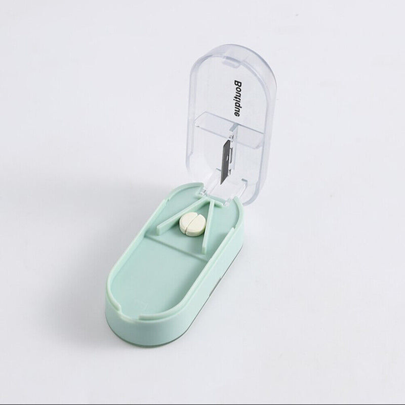 Portable Rectangular Tablet Cutter Box Pill Dispenser Storage Case (Green)