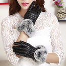 Women Rabbit Fur Ball PU Leather Gloves Winter Mitten Grid Gloves (Black)