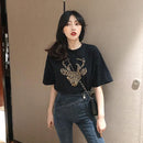 Women T-Shirt Short Sleeve Leopard Deer Print Summer Casual Tops (Black L)