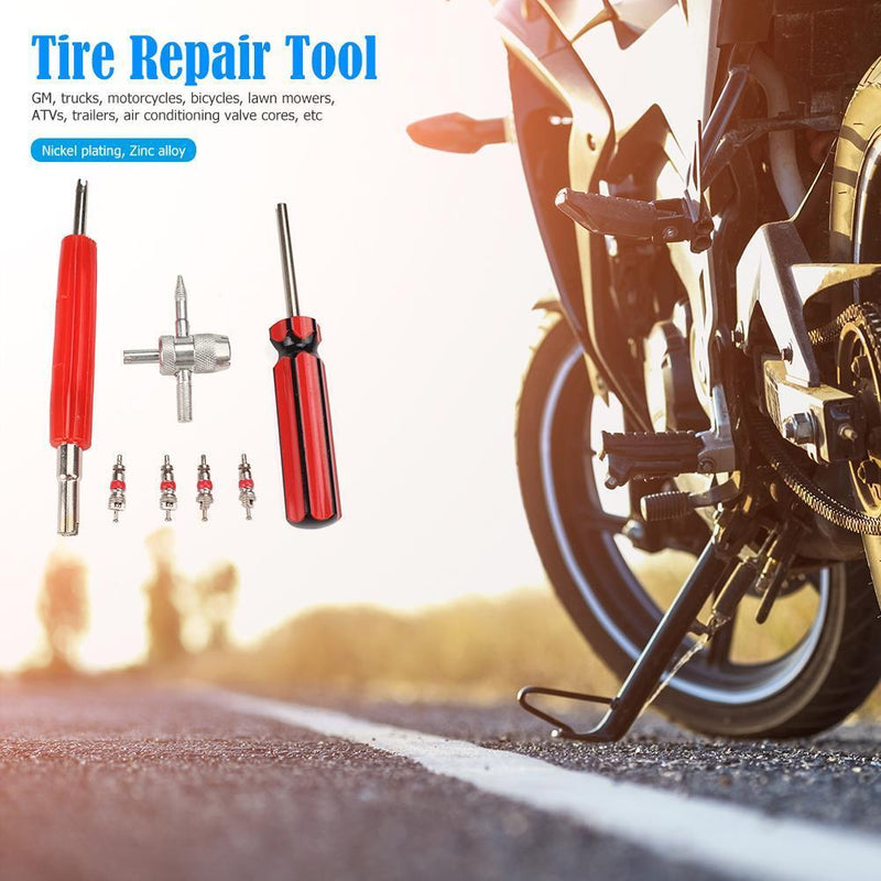 Dual Single Head Valve Core Remover+4pcs Valve Core+4-Way Tire Remover Tool