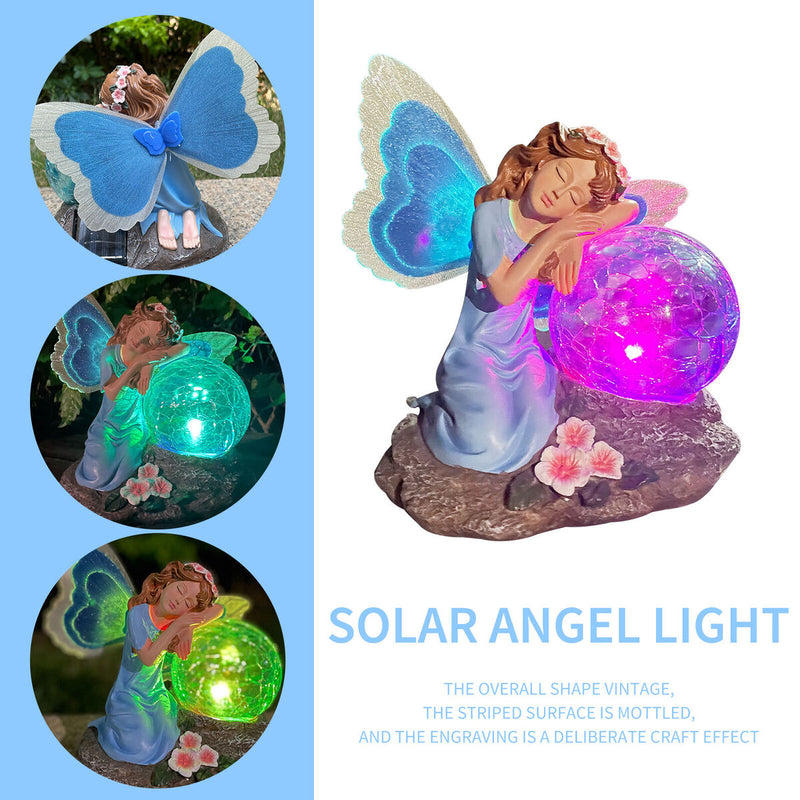 Garden Fairy Statue Waterproof Outdoor Sculpture with Solar Lights (Blue) Newly