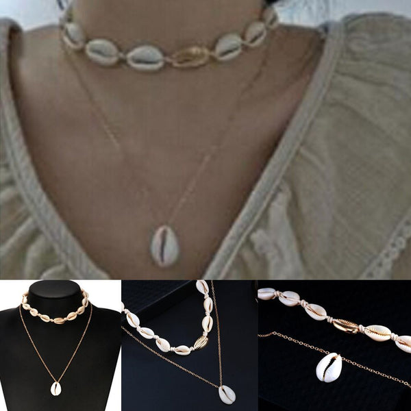Women Beach Jewelry Cowry Seashell Pendant Bohemian Multilayer Shell Necklace