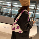 Fashion Women Flower Printing Underarm Bag Ladies Autumn Winter Plush Handbags