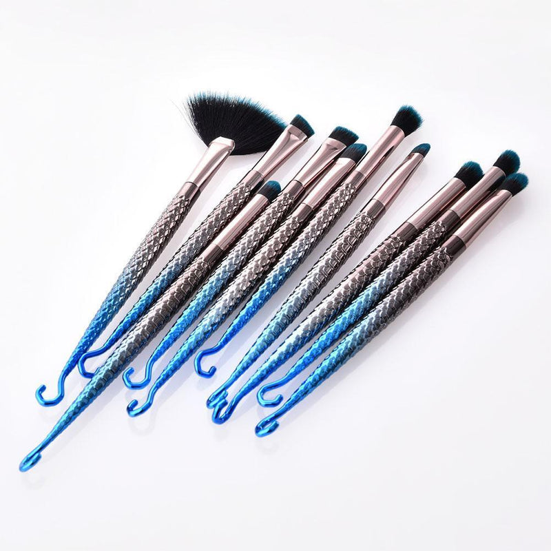10pcs Mermaid Fish Hook Fan Shaped Foundation Powder Makeup Brushes Set(A)