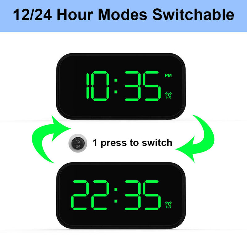 Wake Up Bedside Desktop LED Digital Alarm Clock with Snooze (Black + Green)