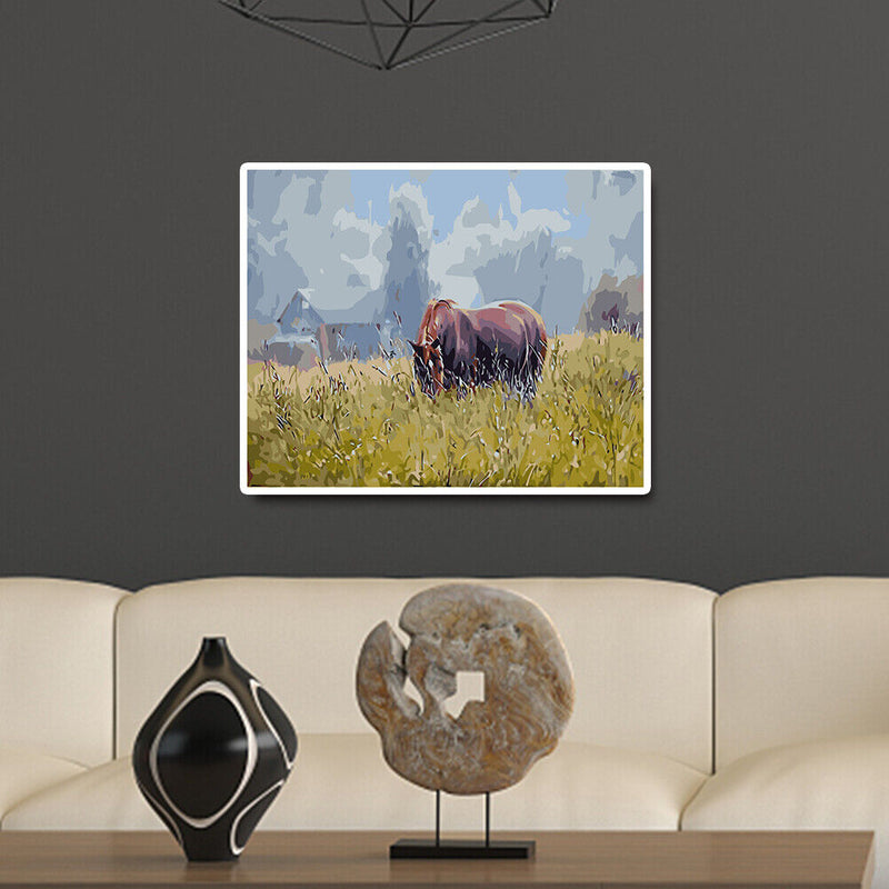 DIY Oil Painting By Numbers Kit Horses Eat Grass Hand Painted Picture Home Decor
