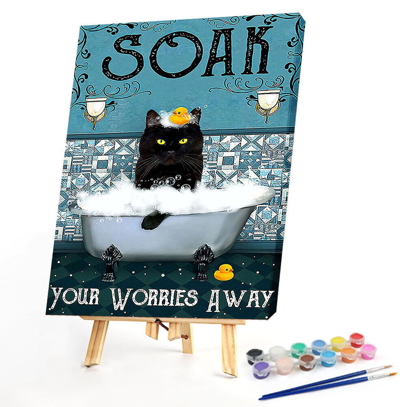 Hand Painted on Canvas DIY Cat in Bathtub Oil Paint By Numbers Drawing Kit Craft