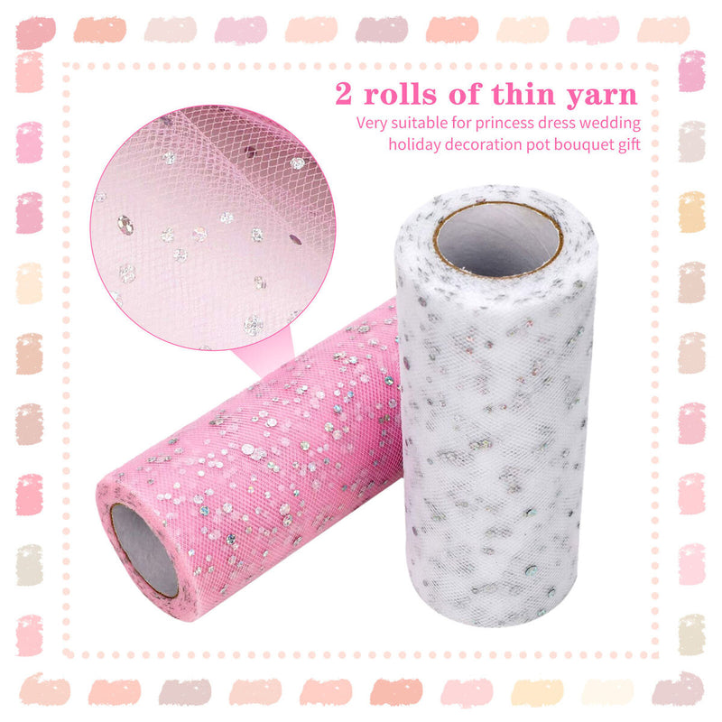Glitter Tulle Rolls - 2 Rolls Sparkling Sequins Tulle Spool (White + Pink)