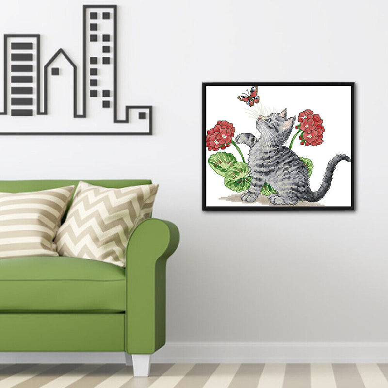 14CT Printed Partial Cross Stitch Handcraft Flower Cat Artwork Wall Decor