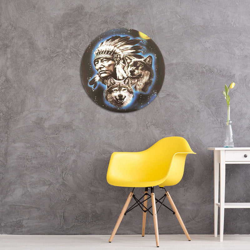 Round Metal Tin Sign Plaque Wall Old Man Wolf Posters Iron Art Painting