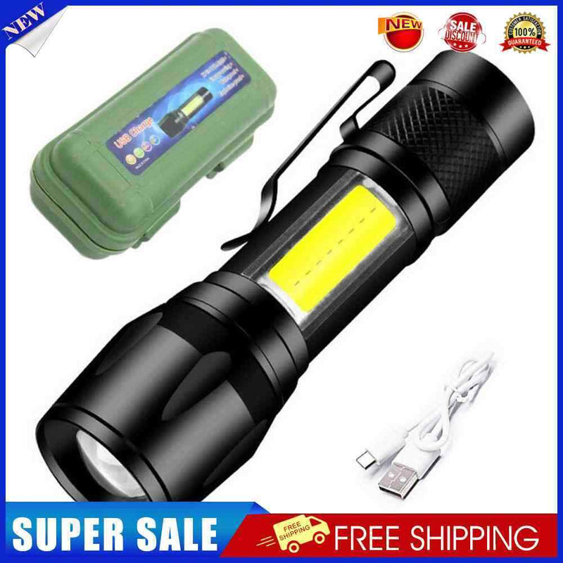 XPE+COB LED Flashlight USB Rechargeable IPX4 3 Modes Emergency Torch Light