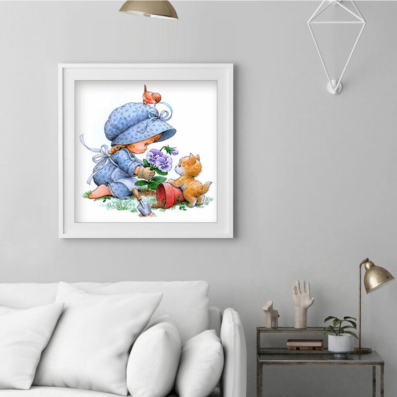 Handmade Painting Girl Flower Cat Art Mosaic Kit Diamond DIY 5D Round Full Drill