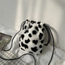 Mini Handbags Small Pouch Cow Milk Print Drawstring Bag Crossbody Bag Plush
