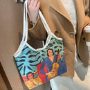 Casual Oil Painting Top-handle Pouch Girl Canvas Big Capacity Shoulder Tote Bag