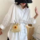 Sunflower Drawstring Bag Women Straw Woven Beach Crossbody Shoulder Handbags