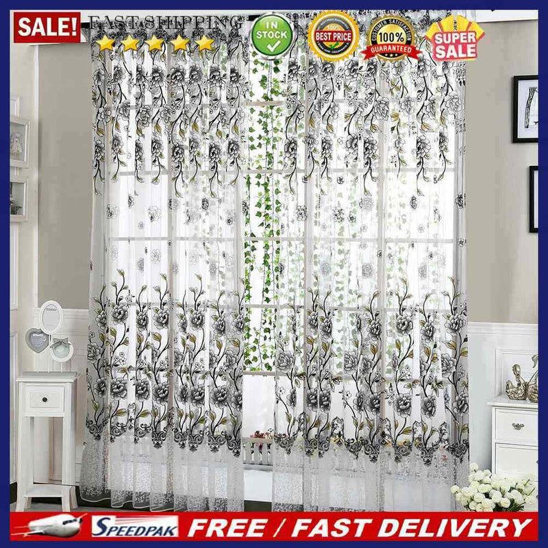 4pcs Peony Curtain Living Room Bedroom Home Door Window Curtain (Grey)
