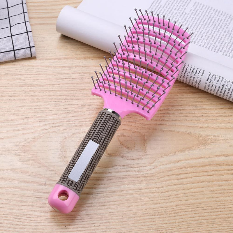 Plastic Nylon Anti-Static Hair Brush Curved Row Scalp Massager Comb (Pink)