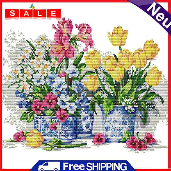 Full Cross Stitch 14CT DIY Fresh Flowers Printed Embroidery Home Decoration Gift