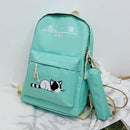 5pcs/set Cute Cat Canvas Bags Travel Backpack Shoulder Clutch Bag (Green)
