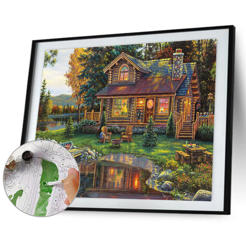 DIY Paint By Number Kit Frameless Lake House Scenery Handpainted Wall Hanging