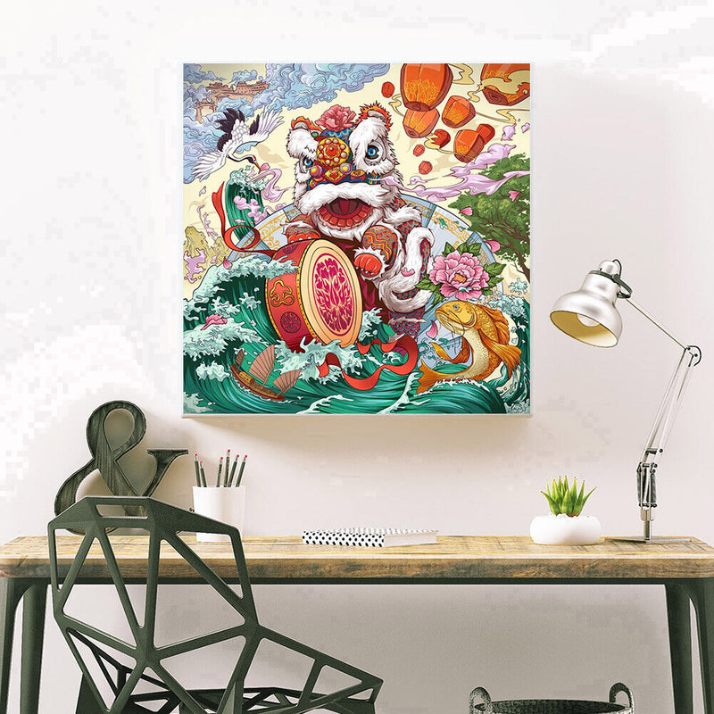 Lion Dance 5D Diamond Painting DIY Full Round Drill Kit Rhinestone Craft