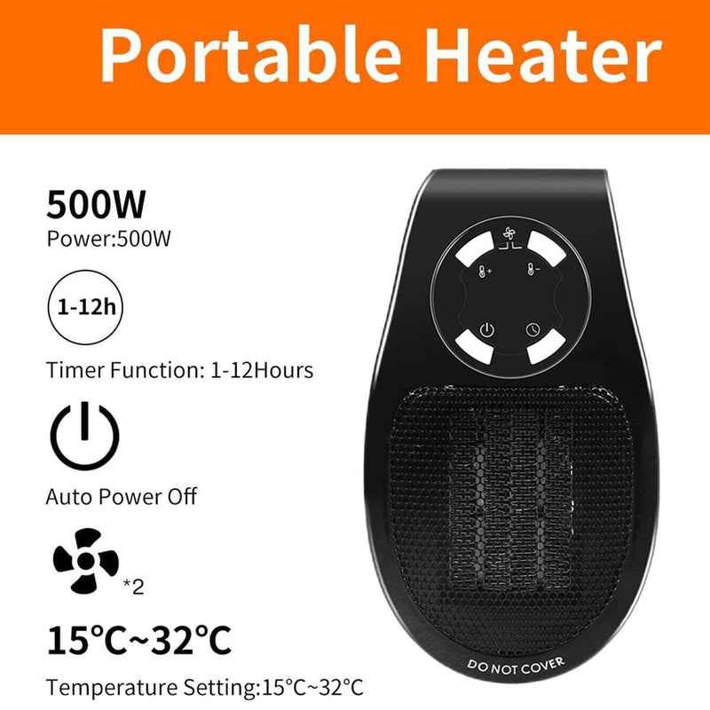 500W (UK/US/EU) Plug Portable Electric Heater Digital-Display-Timer Black