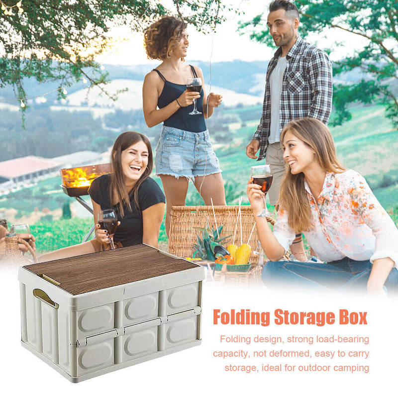 Folding Car Trunk Storage Box Wooden Lid Outdoor Camping Organizer (White)