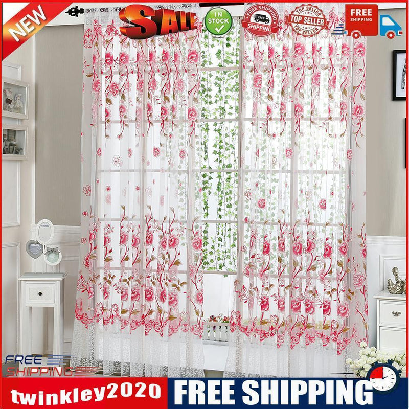 2PCS Peony Curtain Living Room Bedroom Home Door Window Curtain (Pink)