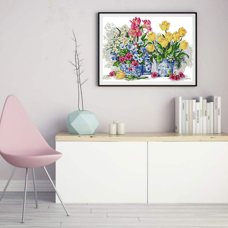 Full Cross Stitch 14CT Cotton Thread DIY Fresh Flowers Printed Embroidery Kits