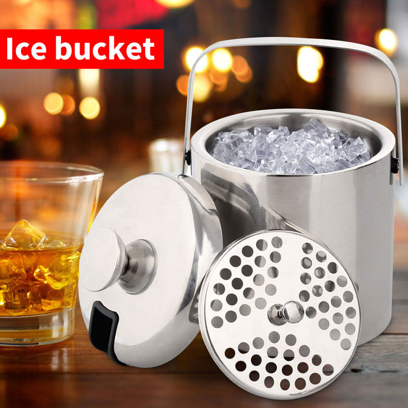 Double Wall Ice Bucket Insulated Stainless Steel with Tongs Strainer (3.2L)