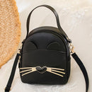 Women PU Leather Crossbody Messenger Bag Cute Cat Shoulder Backpack (Black)