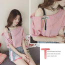 Fashion Women Short Sleeve Stripe Off Shoulder Loose T-Shirts Tops (Pink M)