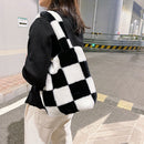 Autumn Winter Plush Grid Print Shoulder Bag Women Casual Hit Color Dead Handbags