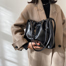 Retro PU Women Solid Color Bucket Bags Drawstring Large Capacity Shoulder Bag