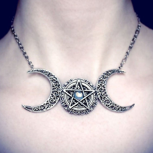 Pagan Jewelry Crystal Pentacle Pentagram Pendant Choker Triple Moon Necklace
