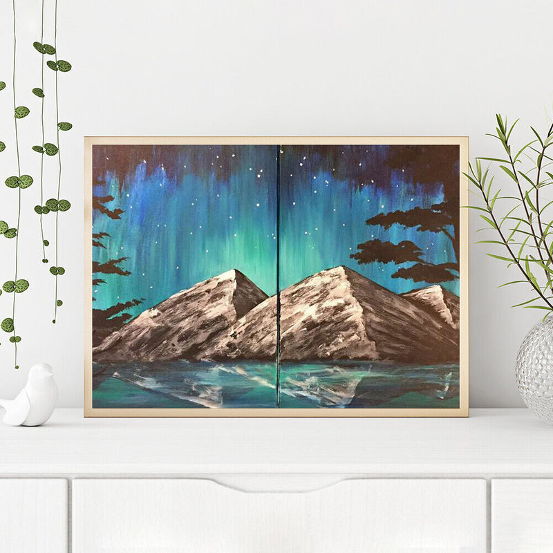 Aurora Night Mountains Oil Paint By Numbers 2 Panels DIY Picture for Adults Kids