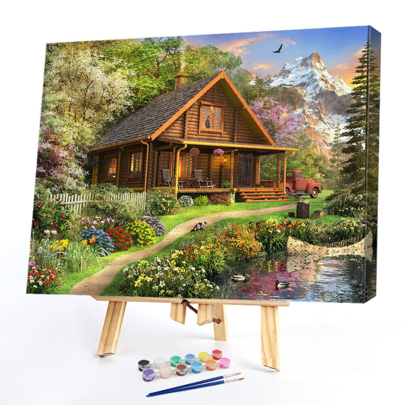 Hand Painted on Canvas DIY Lodge in Forest Oil Paint By Numbers Drawing Kit Gift