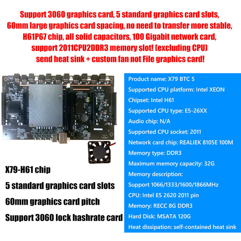 X79 BTC 5x PCIe 8X DDR3 2011 Pin Mining Motherboard with 12V Cooling Fan Newly