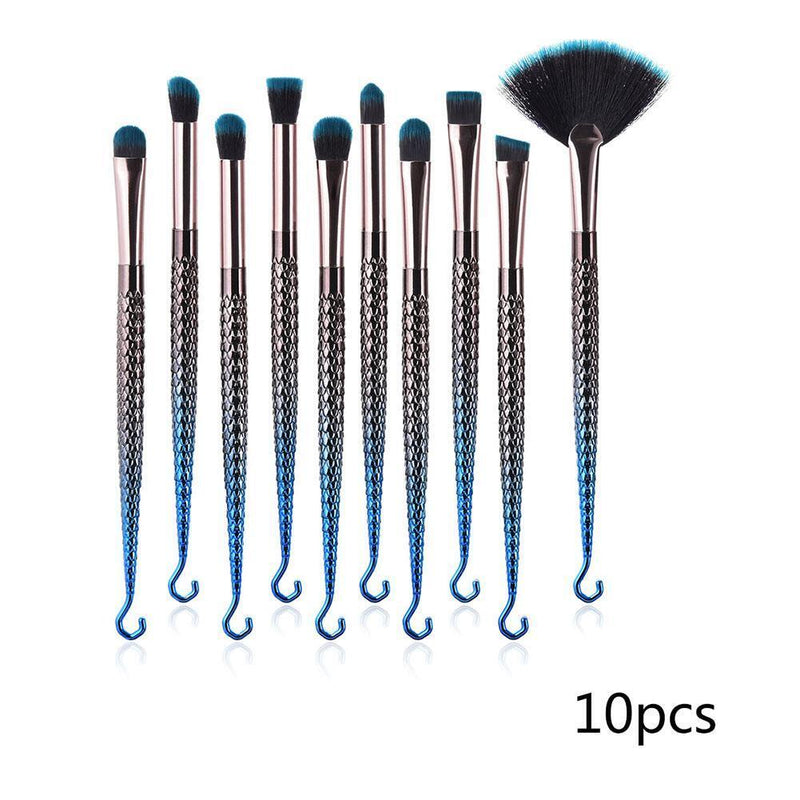 10pcs Mermaid Fish Hook Fan Shaped Foundation Powder Makeup Brushes Set(A)