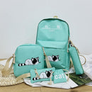 5pcs/set Cute Cat Canvas Bags Travel Backpack Shoulder Clutch Bag (Green)