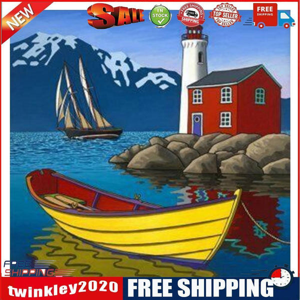 Lighthouse and Boat Frameless DIY Oil Paint by Numbers Kit Painted Artwork