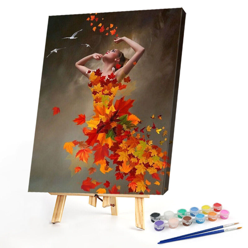 Hand Painted on Canvas DIY Maple Leaf Girl Oil Paint By Numbers Drawing Kit