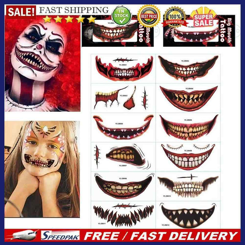 Halloween Horror Clown Mouth Stickers Removable 12 Pieces for Arm Face Hand Neck