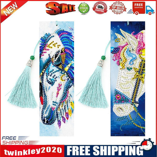 2pcs Leather Bookmark 5D DIY Diamond Painting Colorful Horse Cross Stitch