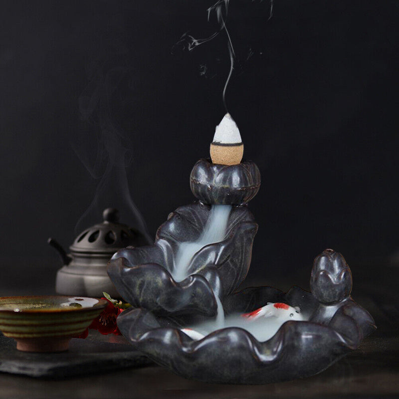 Backflow Incense Burner Ceramic Smoke Aroma Censer with 50pcs Cones Decorations