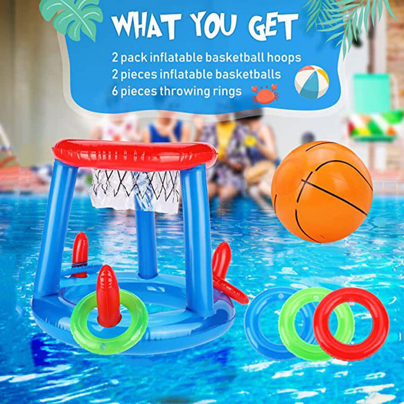 Swimming Pool Basketball Hoop Set - Inflatable Floating Hoops with Ball & Rings