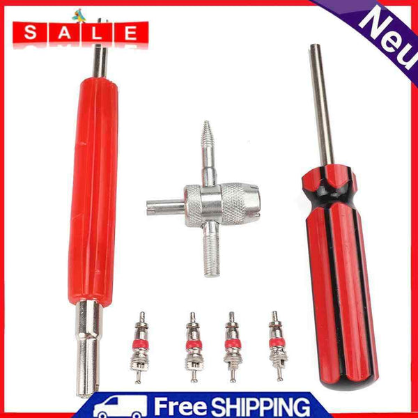 Dual Single Head Valve Core Remover+4pcs Valve Core+4-Way Tire Remover Tool
