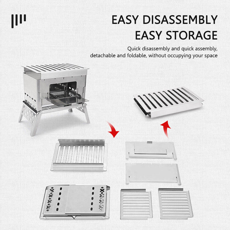 Stove Stainless Steel Wood Stove Detachable for Picnic BBQ Mini Portable Camping