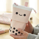 Retractable Milk Tea Pencil Case Stationery Storage Pen Holder (Pink) Newly
