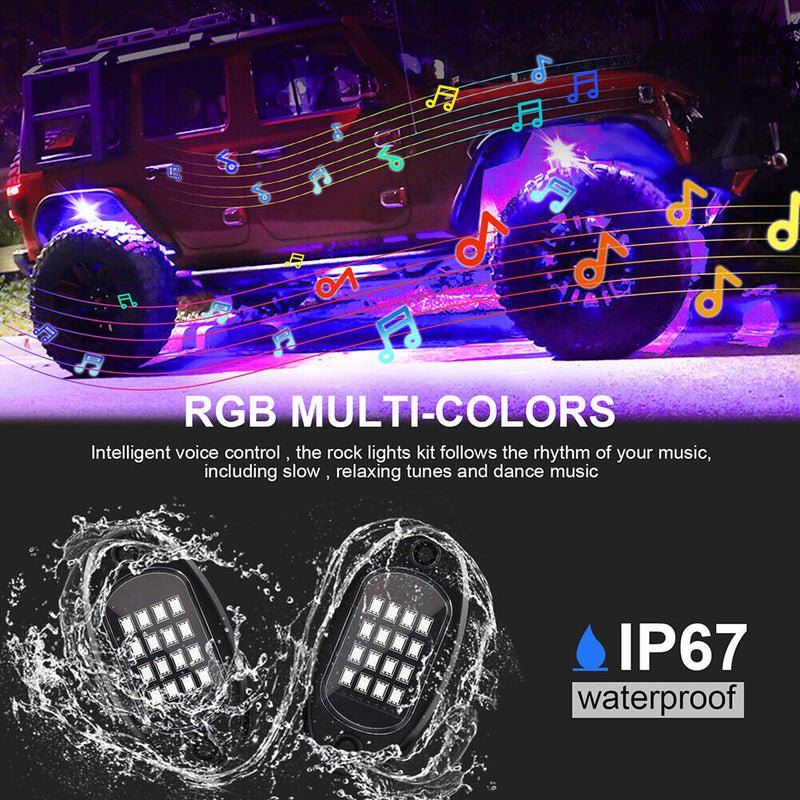 Waterproof Car Underglow RGB LED Rock Lights Chassis Music Lamps (1 to 8) Newly